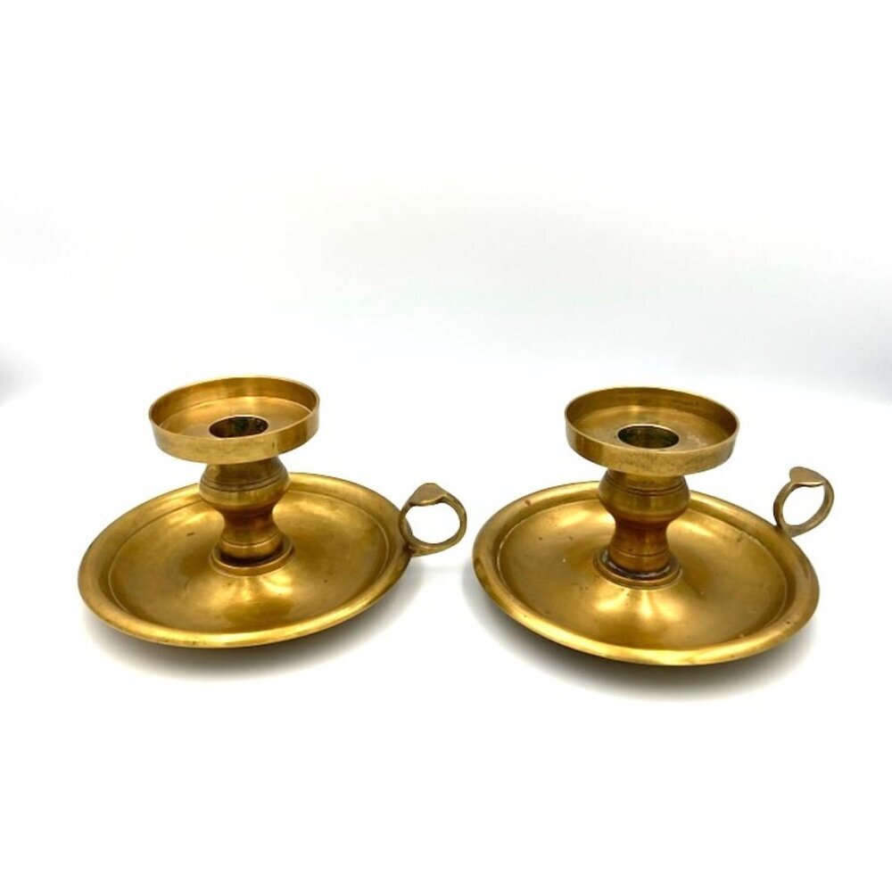 Vintage Pair International Silver Co Brass Chamber Candleholders‎ Handmade India